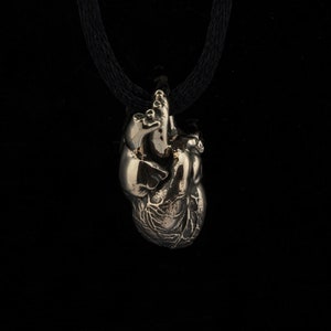 Może przedstawiać: Srebrny naszyjnik z zawieszką w kształcie anatomicznego serca. Serce jest szczegółowe i realistyczne, z widocznymi żyłami i komorami.