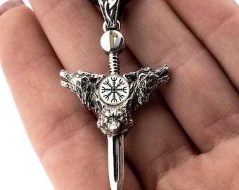 Ciondolo lupo d'argento: collana vichinga incisa, gioielli norreni