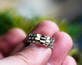 Anillo de abeja de plata esterlina: joyería de panal hecha a mano