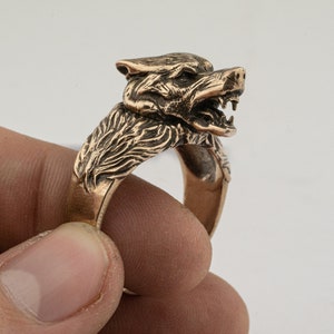 Bronze Wolf Head Ring: Handmade Viking Norse Jewelry