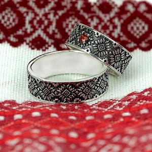 Handmade Sterling Silver Wedding Ring Set: Garnet & Textured Slavic Bands