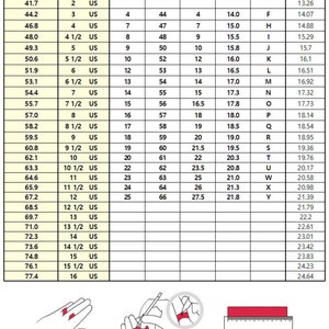 May include: A chart showing ring sizes in millimeters, US, Japanese, French, Swiss, German, and British sizing. The chart also includes the corresponding diameter in millimeters.