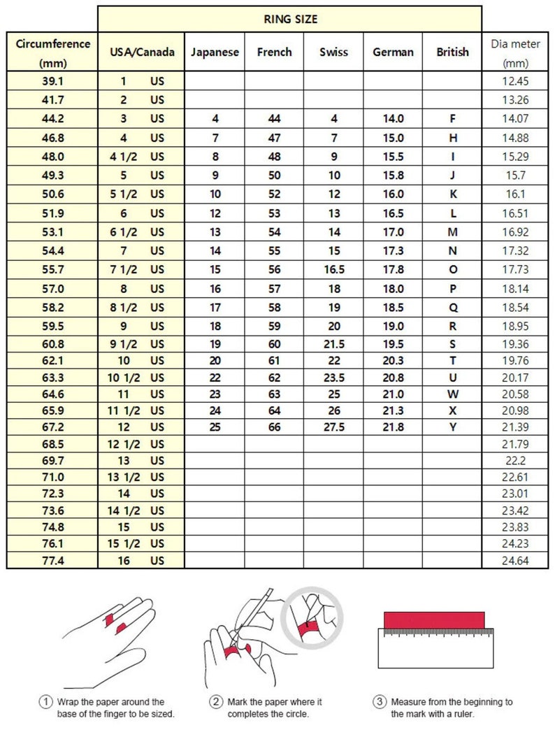 May include: A chart showing ring sizes in millimeters, US, Japanese, French, Swiss, German, and British sizing. The chart also includes the corresponding diameter in millimeters.
