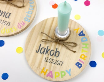 Geburtstagsteller mit Namen Geburtstagsbrett personalisiert Kerzenteller aus Holz bunt "HAPPY BIRTHDAY"