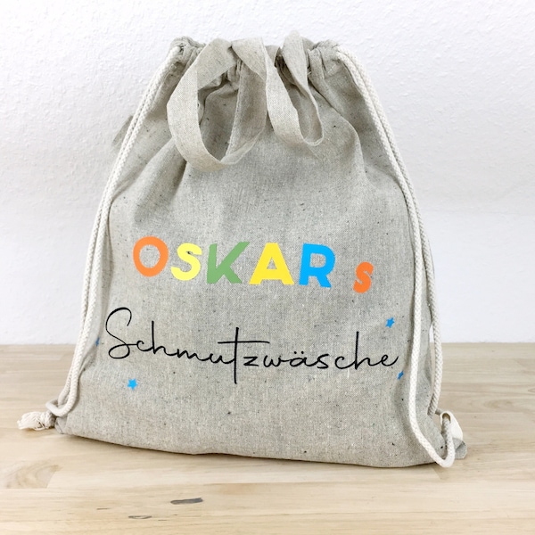 Personalisierter Rucksack Kita Tasche für Schmutzwäsche Beutel Kindergarten Turnbeutel Natürlich recycelte Baumwolle