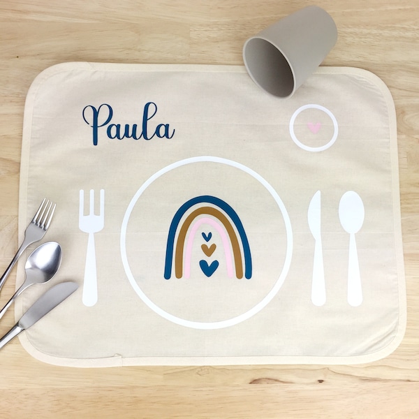 Personalisiertes Tischset Montessori Platzdeckchen aus Baumwolle Frühstücksunterlage mit Namen Waldorf
