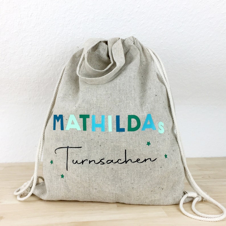 Personalisierter Rucksack Kita Tasche für Turnsachen Beutel Kindergarten Schule Turnbeutel Natürlich recycelte Baumwolle Bild 1