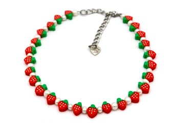 fresh strawberry and pearl cute choker