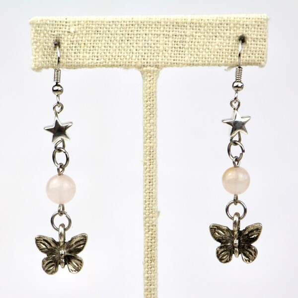 fluttery butterfly and rose quartz earrings