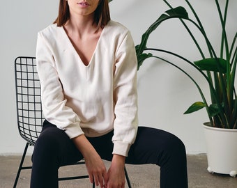 Pull à col rond et en V, Mode décontractée, Sweat-shirt coupe ample, Pull pour femme, Tenue d'intérieur, Vêtements de loisirs, 100 % coton biologique