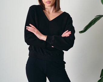 Black Sweatshirt women | 100% Organic Cotton Sweatshirt | Relaxed Fit | Crewneck Sweatshirt | Reversible Women's Sweatshirt |
