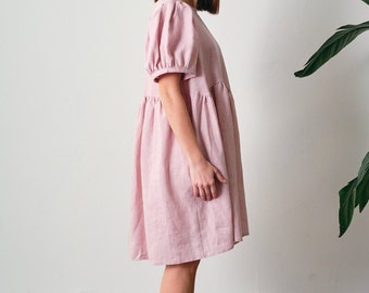 Linen Summer Dress, Women's Linen Dress with Pockets, Natural 100% prewashed Linen Dress for Women, Pink Boho Linen Dress, Linen Clothing