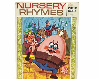 May include: Vintage "Nursery Rhymes" picture packet featuring a colorful illustration of Humpty Dumpty falling, with knights and a castle in the background. The cover has the title in red and brown block letters.