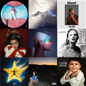 Op de afbeelding: Een collage van albumhoezen met verschillende artiesten, waaronder Zayn, Taylor Swift, Frank Ocean en Ariana Grande. De hoezen tonen een verscheidenheid aan stijlen, van minimalistisch tot kleurrijk en abstract.