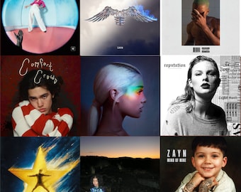 May include: A collage of album covers featuring various artists, including Zayn, Taylor Swift, Frank Ocean, and Ariana Grande. The covers feature a variety of styles, from minimalist to colorful and abstract.