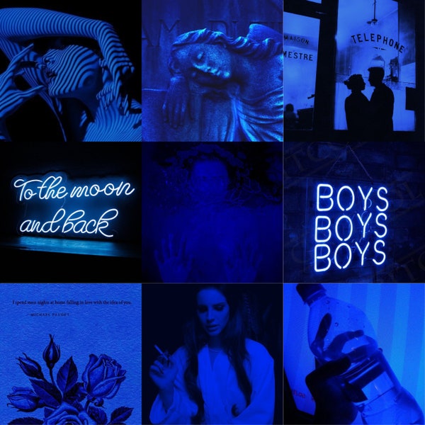 Dark blue aesthetic wall set; 80 DIY Tezza collage kit; Bad-girl, Boujee, Night-sky, quotes, etc.
