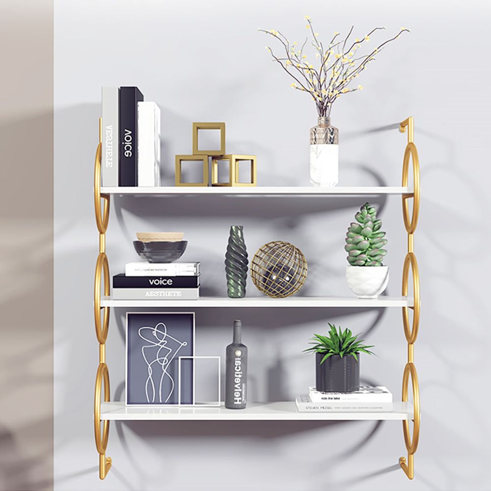 Round Gold 3TieR Shelf Floating Shelves Wall Mounted Etsy