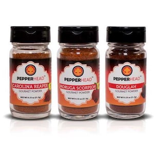 PepperHead Top 3 Hottest Pepper Powder Kit - Carolina Reaper, Moruga Scorpion, 7 Pot Douglah (3 oz)