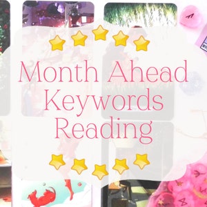 May include: A collage of tarot cards and crystals with the text "Month Ahead Keywords Reading" in pink letters. The image features a variety of colors, including pink, yellow, and green.