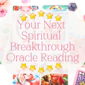May include: A collection of colorful oracle cards featuring whimsical illustrations of characters and landscapes, overlaid with a white scalloped frame containing the pink text: Your Next Spiritual Breakthrough Oracle Reading.