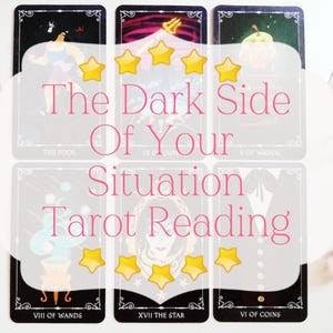 May include: A collection of six tarot cards arranged in two rows, featuring illustrations including The Fool, IX of Cups, V of Wands, VIII of Wands, XVII The Star, and VI of Coins, surrounded by small heart-shaped tokens and dice with symbols.