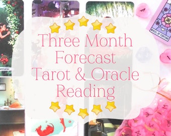 May include: A collection of tarot and oracle cards featuring various illustrations, including a Wheel of Fortune card, pink heart-shaped stones with symbols, and a pink drawstring bag, with the text Three Month Forecast Tarot & Oracle Reading.