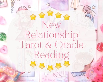May include: A collection of tarot and oracle cards featuring pastel-coloured illustrations of figures and symbols, overlaid with a white semi-transparent shape containing the pink text New Relationship Tarot & Oracle Reading surrounded by yellow stars.