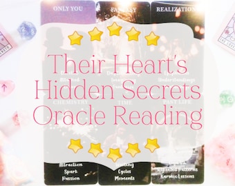 Puede incluir: Tres cartas de oráculo con el texto "Their Heart's Hidden Secrets Oracle Reading" sobre un fondo blanco. Las cartas se titulan "Only You", "Fantasy" y "Realization".