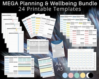 Megabundel van 24 afdrukbare planning/wellness-sjablonen, A4/A5 dagelijkse en wekelijkse planners + welzijnstrackers, direct downloaden, takenlijst