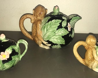 Vintage Fitz and Floyd Rain Forest Monkey Teapot, Cream