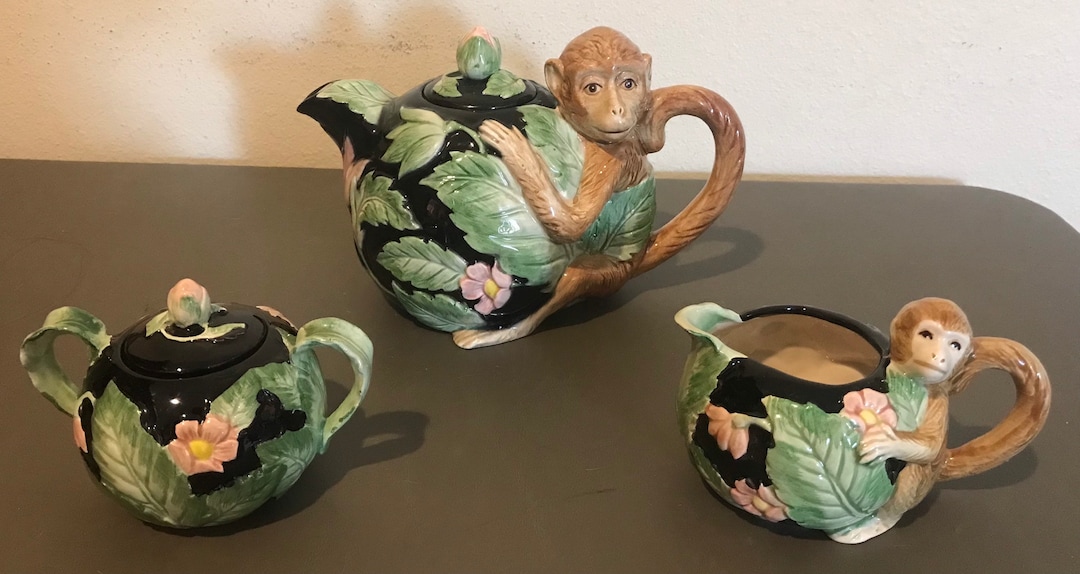 Vintage Fitz and Floyd Rain Forest Monkey Teapot, Cream Pitcher