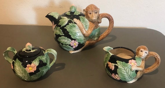 Vintage Fitz and Floyd Rain Forest Monkey Teapot, Cream Pitcher