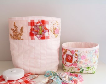 Super Easy Basket - digital sewing pattern (PDF), video tutorial included, six sizes, two styles, patchwork bin, diy fabric thread catcher