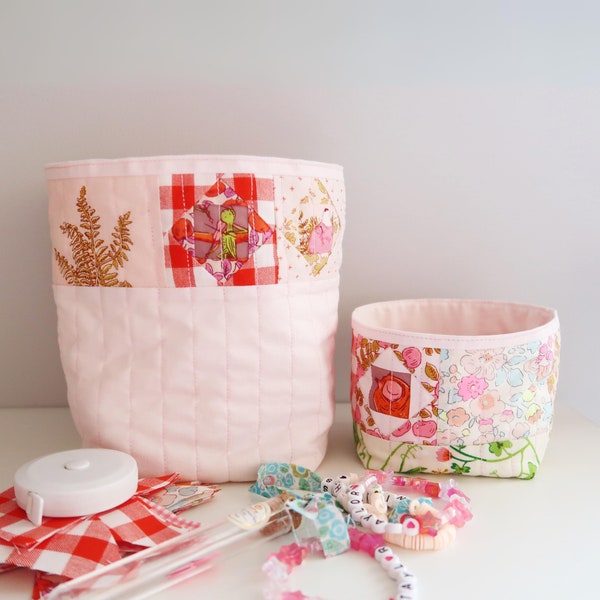 Super Easy Basket - digital sewing pattern (PDF), video tutorial included, six sizes, two styles, patchwork bin, diy fabric thread catcher