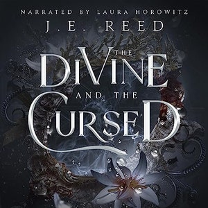 May include: Book cover with a silver title "The Divine and the Cursed" on a dark background with a white flower and a silver crown.