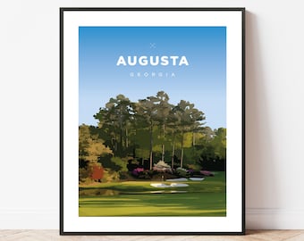 May include: A poster with a blue sky and green grass background. The text "AUGUSTA GEORGIA" is printed in white at the top of the poster. A green golf course with trees and bushes is shown in the background.