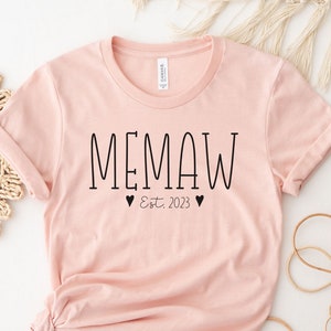 Gepersonaliseerd Memaw-shirt, Custom Memaw est 2024, zwangerschapsaankondiging, nieuw omacadeau, Moederdagcadeau, Memaw-verjaardagscadeau