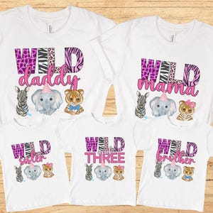 Wild and three Family Matching shirts, 3rd birthday shirt, Jungle Birthday t-shirt, Third Birthday Party, Safari Birthday, Zoo birthday tee