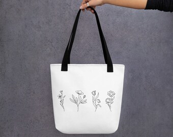 Flower tote bag, floral tote bag, gift for florist, gift for flower lovers, Botanical flowers