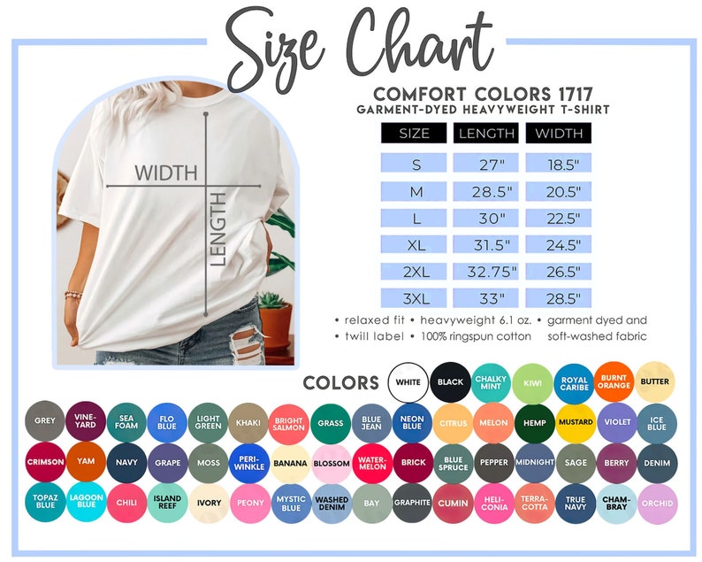 Pu&ograve; includere: Tabella delle taglie per una t-shirt pesante tinta in capo. La tabella mostra le taglie dalla S alla 3XL con le corrispondenti misure di lunghezza e larghezza in pollici. La tabella elenca anche i colori disponibili per la t-shirt, tra cui bianco, nero, menta gesso, kiwi, royal caribe, arancione bruciato e burro.