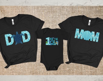 Oneder the sea födelsedag familj matchande t-shirts, första födelsedagströja, första födelsedagsfest, sjöjungfru födelsedagströja, strandfödelsedagströja