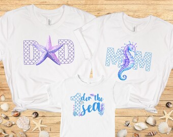 Oneder the sea födelsedag familj matchande t-shirts, första födelsedagströja, första födelsedagsfest, sjöjungfru födelsedagströja, strandfödelsedagströja