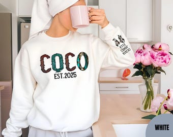 Personalized Coco Sweatshirt, custom grandkids name and est, New Coco Gifts, pregnancy announcement, mothers day gift for Coco Grandma