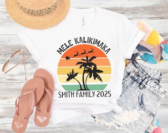 Aangepaste Hawaiiaanse familie kerstshirts, gepersonaliseerde bijpassende tropische kerstt-shirts, strandvakantie, aloha vakantieshirt, groepskerst