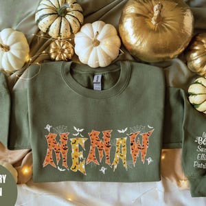 Gepersonaliseerd Memaw Halloween-sweatshirt, Memaw Fall trui met ronde hals, Memaw Thanksgiving, aangepaste Memaw-cadeaus, Memaws little boegeroep