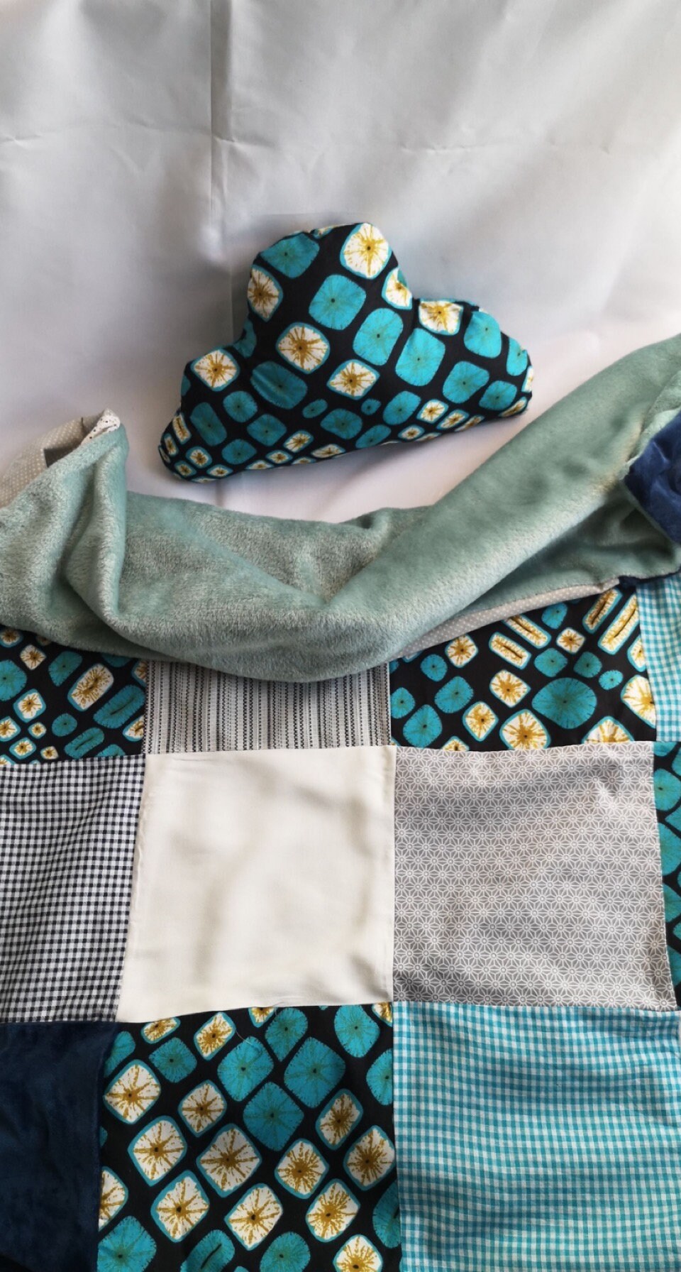 Plaid Bébé/Enfant - Patchwork Wax Tissu Africain Bleu Couverture + Coussin Assorti