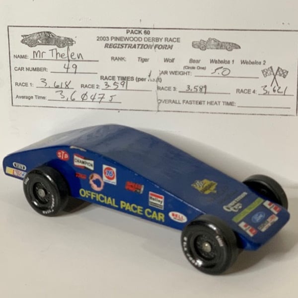 Vintage Pinewood Derby Race Car - With Track Verified Speed Sheet Included; 2003 Built