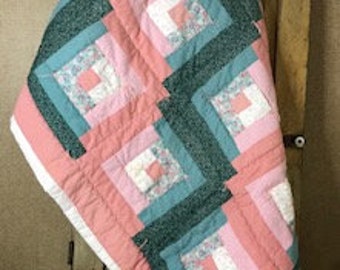 Vintage Square in Square  Quilt, Lap Quilt, Crib Quilt;  Wall Hanging; Hand Made Home Decor; 1980s Textile