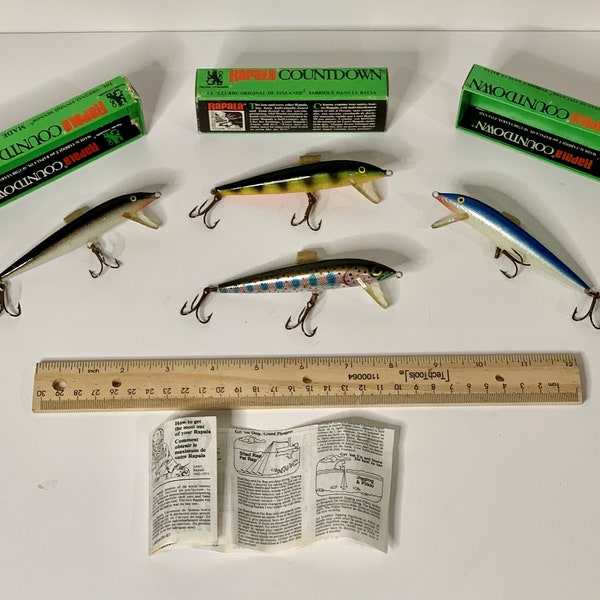 Vintage Rapala Fishing Lure Lot;  Lot of 4; 1970's  Lauri RAPALA COUNTDOWN Sinking Lure; Gift for Dad;Stocking Stuffer for Him