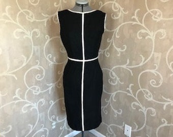 Fitted Sleeveless Black Dress with White Trim; Florian of Cleveland;  Classy Mid Century Hand Made Dress; Great Lines; Lower Back Neckline